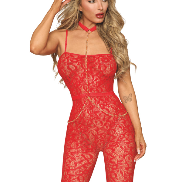 Bodystocking sans couture, fantaisie rouge avec chainettes amovibles 
